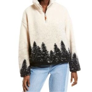 NWT THREAD & SUPPLY Womens’ Forest Pattern Quarter Zip Pullover In Ivory & Grey